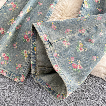 Women's Fashion Floral Print Denim Pants Colorful Flower Wide Leg Trousers Female Spring Autumn Versatile High Waist Blue Jeans