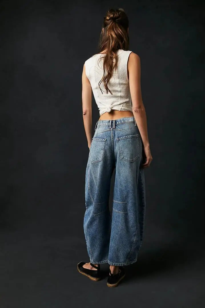 Women's Mid Rise Barrel Jeans For Women Wide Leg Mid Waist Cropped Denim Pants Baggy Boyfriend Jeans With Pockets New Wash