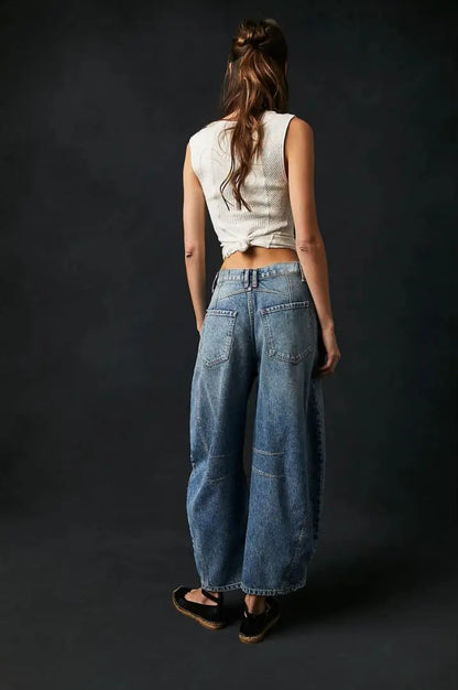 Women's Mid Rise Barrel Jeans For Women Wide Leg Mid Waist Cropped Denim Pants Baggy Boyfriend Jeans With Pockets New Wash