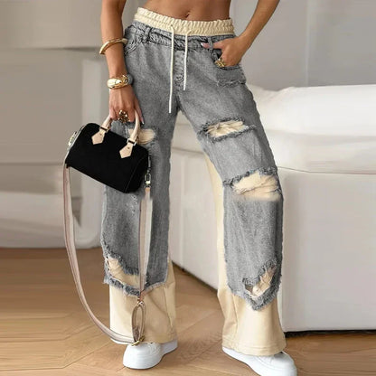 Casual Patchwork Jeans Women Loose Drawstring Low Waist Pockets Zipper Straight Leg Pants 2025 Spring Summer Street Lady Trouser