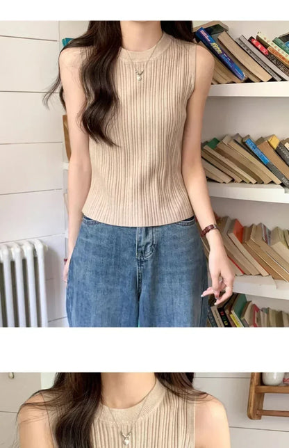 Sleeveless Blouse Shirt Women O-neck Rib Knit Vest Tank Plain Vest Tops Summer Female Basic Casual Tops Outfit