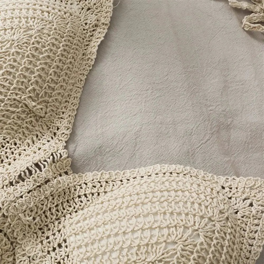 Women Summer Beach Boho Crop Tops Sexy Y2K Knitted Backless Hollow Out Tank Tops Crochet Tassels Hem Halter Bras Bustier Top