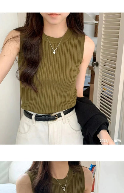 2026 Women Knitted Green Tank Tops Women Thin Tops Basic Casual Tank Tops O-neck Tees Sleeveless Tops For Women