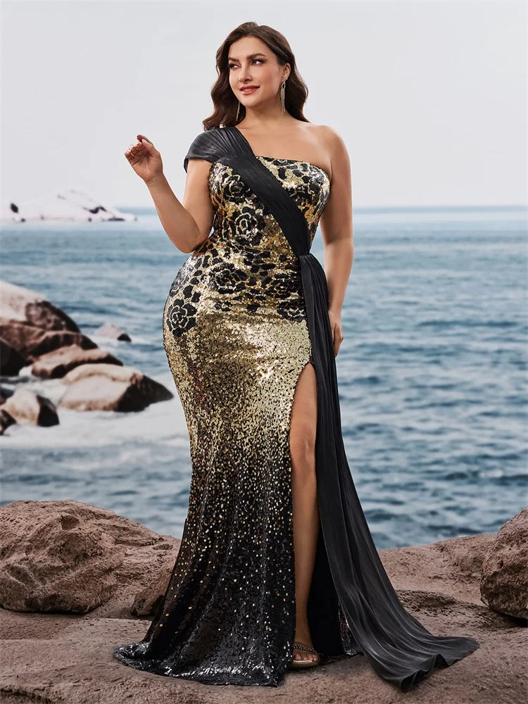BLUEPLUM Plus Size Elegant off-shoulder Sleeveless Evening Dresses Luxurious Slit Wedding Party Mermaid Ribbon Cocktail Gowns