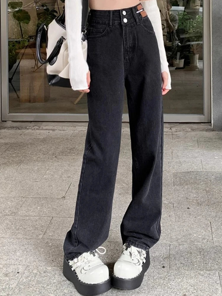 Female High Waist Wide Leg Jeans Women Y2k Denim Straight Leg Pants Girls Smoke Gray Retro Blue Light Blue Water Gray Trousers