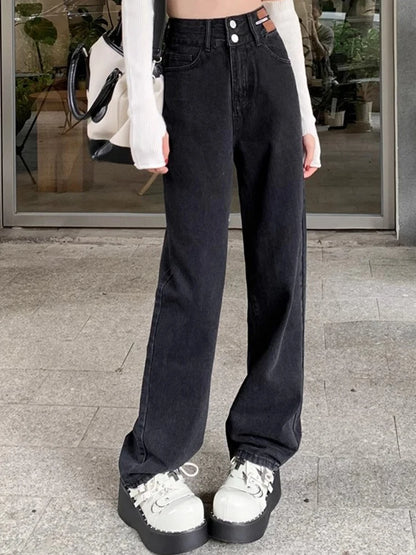 Female High Waist Wide Leg Jeans Women Y2k Denim Straight Leg Pants Girls Smoke Gray Retro Blue Light Blue Water Gray Trousers