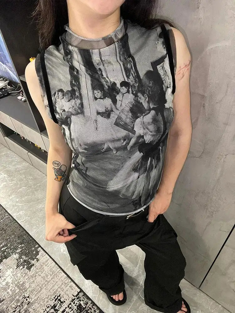 Genayooa Y2k Vintage Tank Tops Women Print Mesh Tops See Through Streetwear Sleeveless Tops Patchwork 2000s Japanese Tee Tops