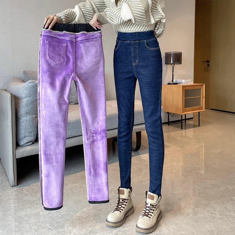 Women's Winter Jeans Fleece Warm Slim Pencil Trousers Elastic Waist Thicken Velvet Comfortable Mom Denim Pants Female