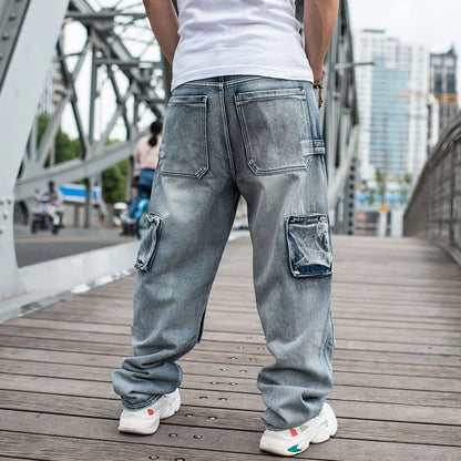 Baggy Jeans Mens Straight Denim Cargo Pants Biker Jeans Men Baggy Loose Blue Jeans With Side Pockets Jeans Men