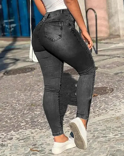Women's Skinny Jeans 2025 Summer New Fashion Solid Color Buttoned Pocket Zipper Design High Waist Casual Daily
