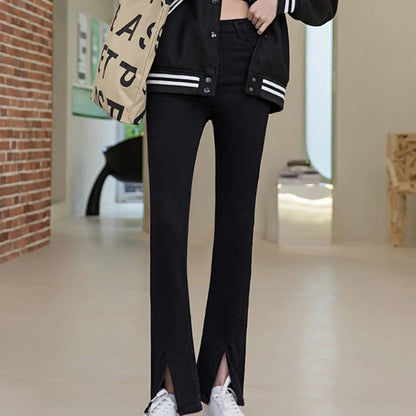 Women Fashion Split Micro Flared Jeans Korean Skinny High Waist Slim Denim Pants Simple Versatile Solid Stretchy Jean Trousers
