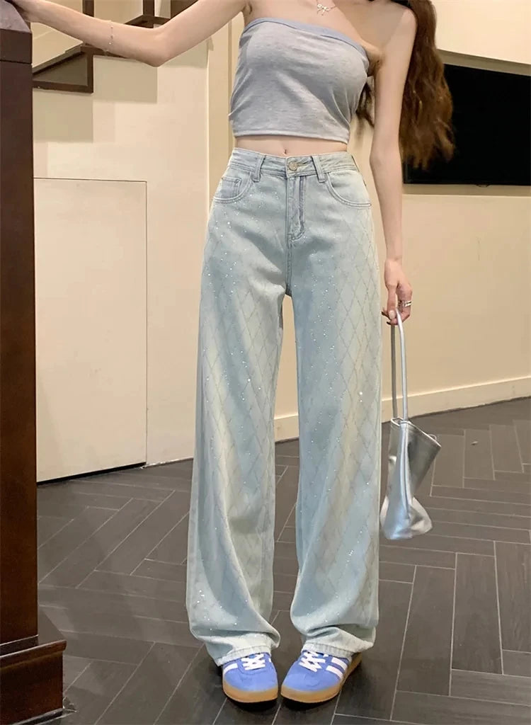 Fashion Women's Jeans High Waist One Side Plaid Shape Diamonds Wide Leg Denim Pants 2025 New Classic Straight Trousers