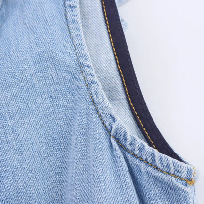 Women's European and American style layered denim vest top with belt high waisted straight leg jeans set