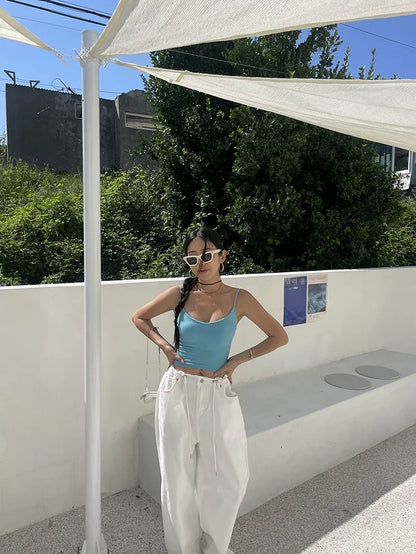 Korean Ins Retro Versatile High Waist Women's Straight Leg Jeans Summer New Fashion Loose Drawstring Design Women Wide Leg Jeans