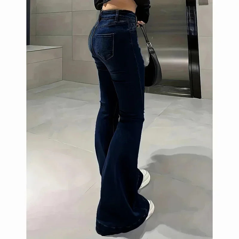 Women High Waist Flare Jeans Lady Fashion Comfortable Bootcut Denim Pants Female Slim Fit Bell Bottoms Retro Blue Nice Trousers