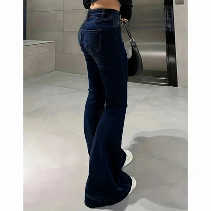 Women High Waist Flare Jeans Lady Fashion Comfortable Bootcut Denim Pants Female Slim Fit Bell Bottoms Retro Blue Nice Trousers