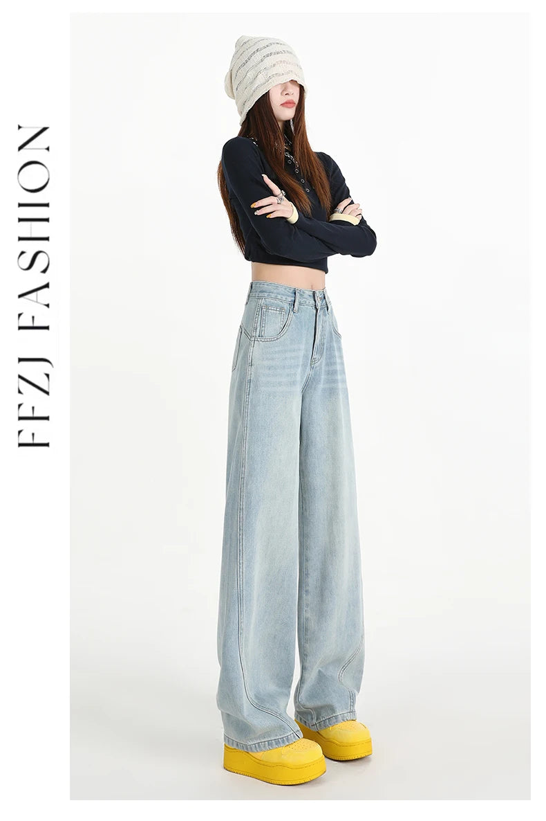 Woman Jeans High Waist Wide Leg Cotton Denim Clothing Design Sense Straight Pant Fashion Comfort White Retro Blue Casual Trouser