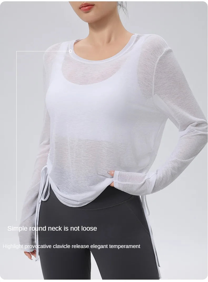 Thin Sunscreen Clothes Yoga Loose Top Drawstring Long Sleeve T-shirt Women's Gym Outdoor Exercise Clothing