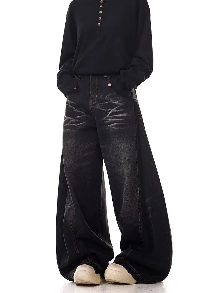 Washed blue textured high waisted retro casual jeans suitable for women in spring and autumn new Harajuku loose wide leg pants