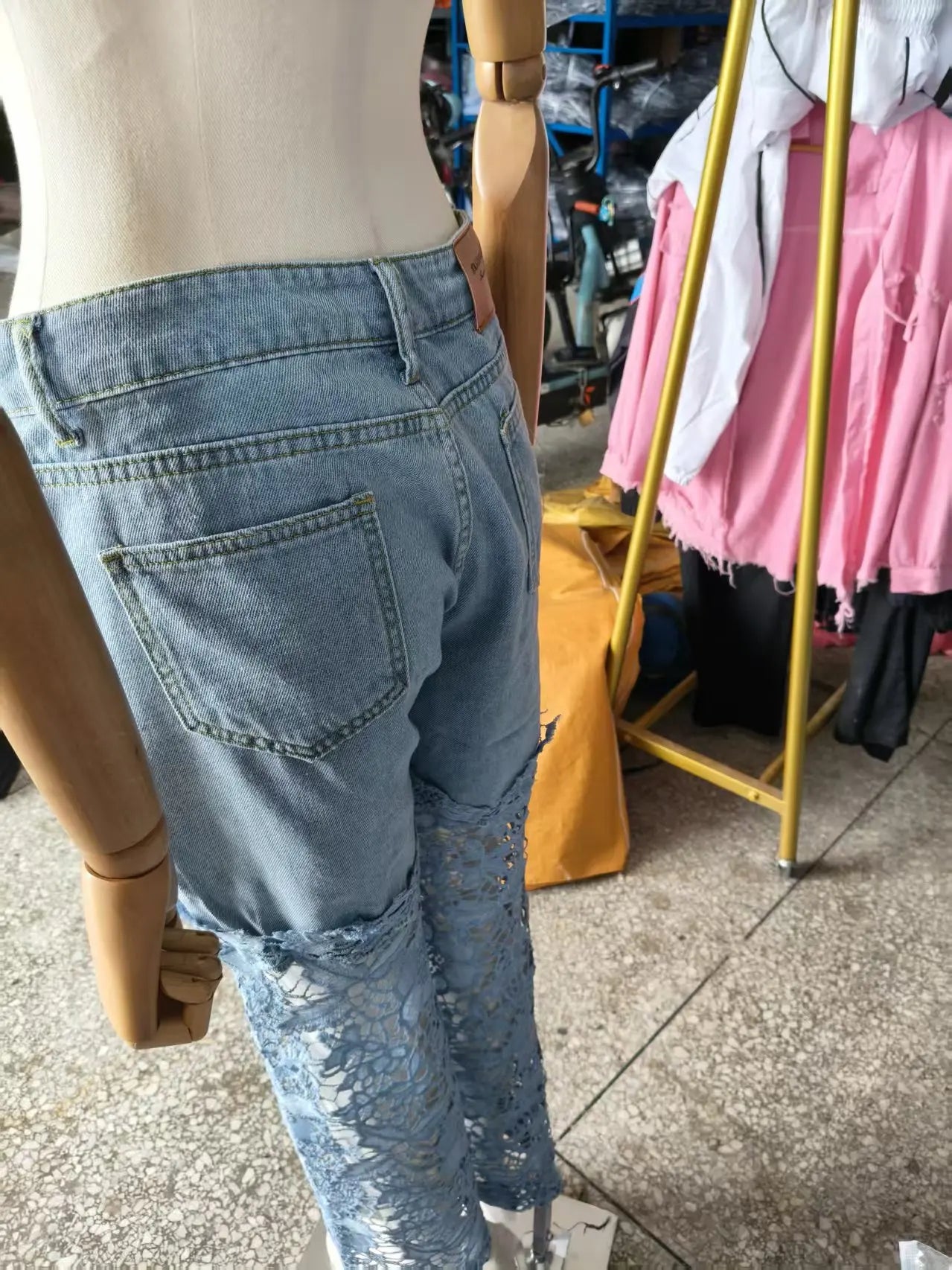Fashion Elegant Jeans for Women High Waist Lace Patchwork Pantalones Hollow Out Oversized Spring Casual Loose All Match Pants