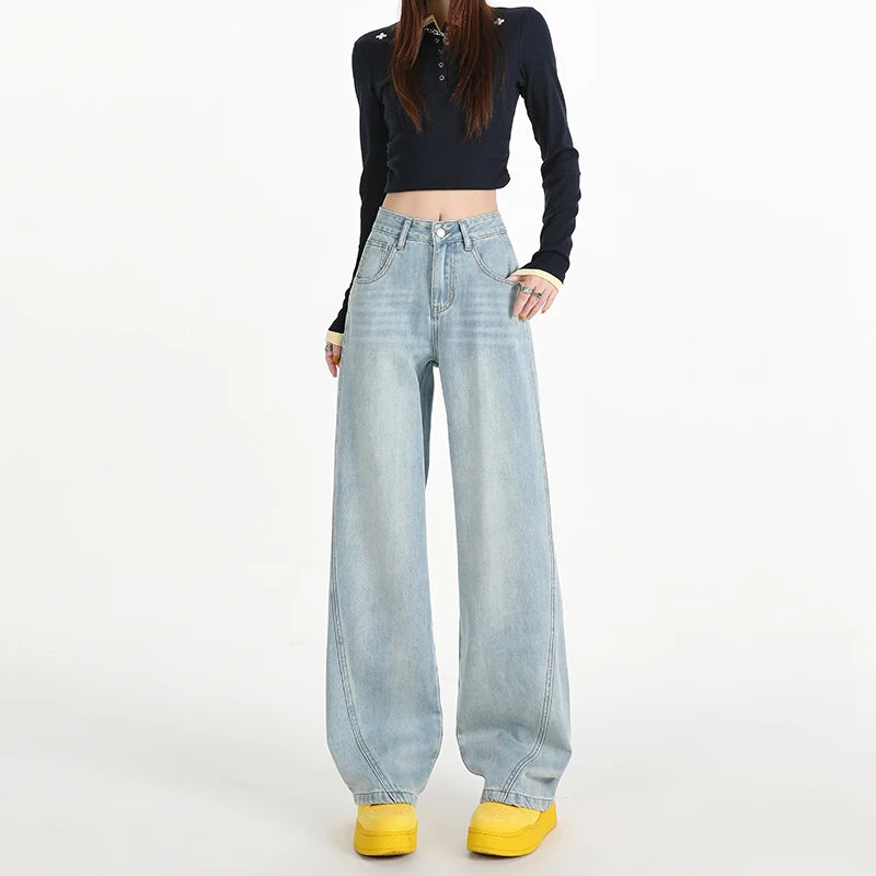 Woman Jeans High Waist Wide Leg Cotton Denim Clothing Design Sense Straight Pant Fashion Comfort White Retro Blue Casual Trouser