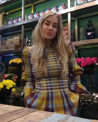 Women's Tops Vintage Plaids Elastic Pleated T Shirt Casual O Neck Long Sleeves Ruffles Hem Top Spring Chic Lady High Street Wear