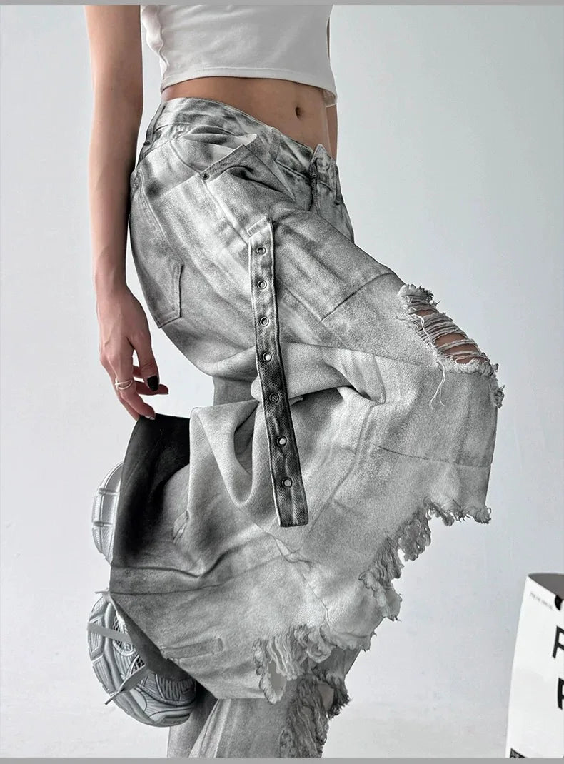 Women Tie Dye Ripped Jeans Woman Abandoned Soil Style Wide Leg Pants Summer Loose Workwear Denim Retro Vintage Trousers