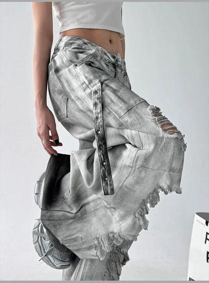 Women Tie Dye Ripped Jeans Woman Abandoned Soil Style Wide Leg Pants Summer Loose Workwear Denim Retro Vintage Trousers