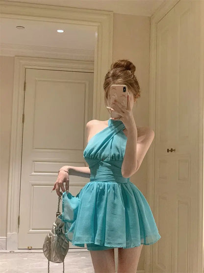 Women Sexy Halter Mini Dress Elegant A-line Puffy Hem Slim Fit Backless Ruffle Sleeveless Summer Party Vacation Wedding Outfit