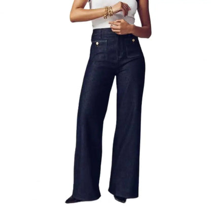 2025 Women Winter Jeans High Waist Button Zipper Loose Fit Pockets Straight Wide Leg Streetwear Pants Daily Wear Long Trousers