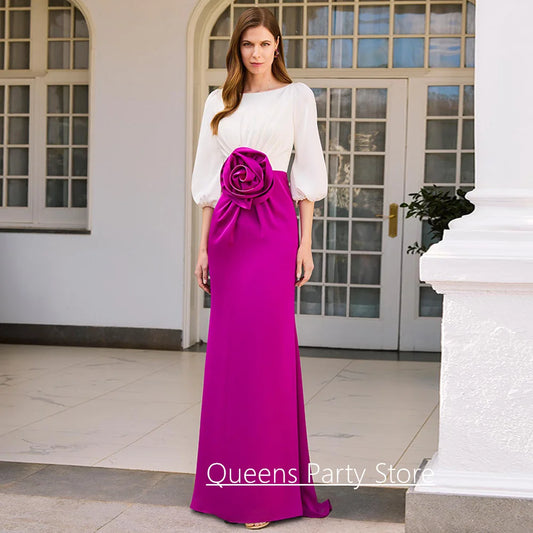 Modern Wedding Guest Dresses Customized Scoop Neck Puff Sleeves Big Flower Floor Length Mother of The Bride Dress Evening Gown