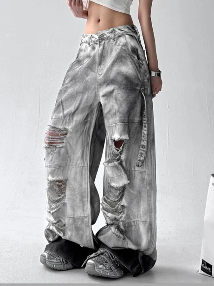 Women Tie Dye Ripped Jeans Woman Abandoned Soil Style Wide Leg Pants Summer Loose Workwear Denim Retro Vintage Trousers