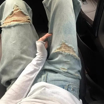 American high street old ripped large size jeans for women in summer design high waist slimming wide-leg trousers