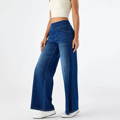 Women Jeans With Pockets Elastic High Waist Solid Color Full Length Pants Straight Wide Leg Trousers Sweatpant Daily Commuting