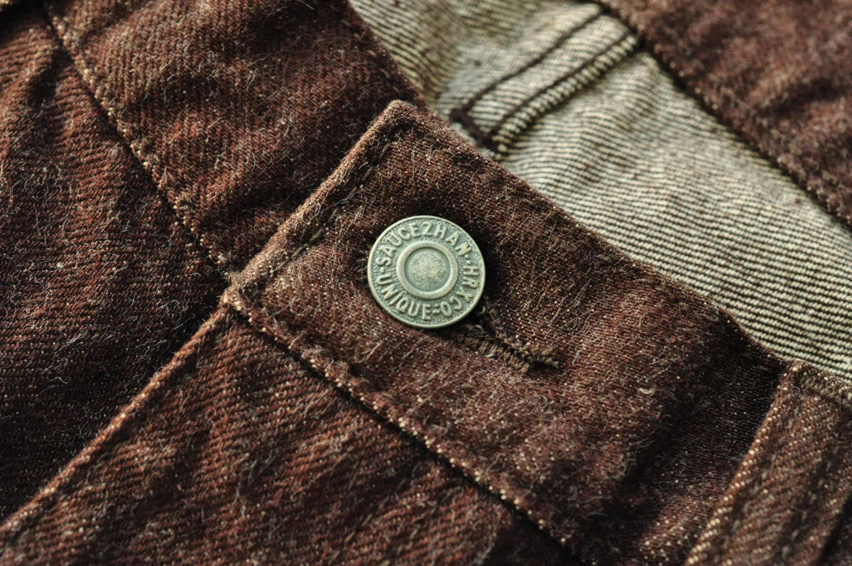 Saucezhan Men Jeans Brown Jeans Men Jeans Trousers  Selvedge Denim Jeans for Men Taper Fit Mens Jeans vintage 13.8 Oz