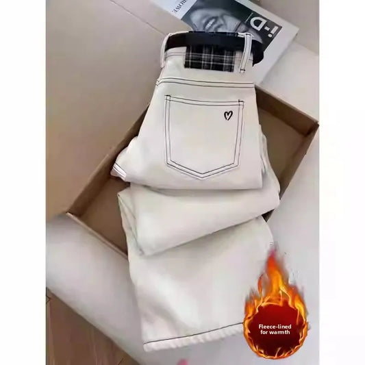 2025 Women's White Jeans High Waist Heart Embroidery Denim Pants Belted Casual Slim Fit Female Fashion Trousers