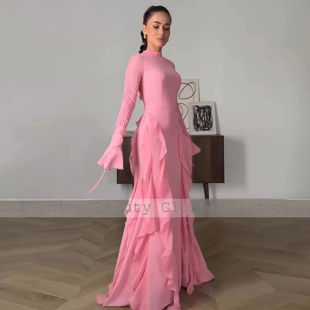 Wedding Guest Dress Women Modern Pink Chiffon Ruffles Flare Sleeve Party Straight High Collar Luxury Dresses Women 2024 Wedding