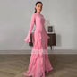 Wedding Guest Dress Women Modern Pink Chiffon Ruffles Flare Sleeve Party Straight High Collar Luxury Dresses Women 2024 Wedding