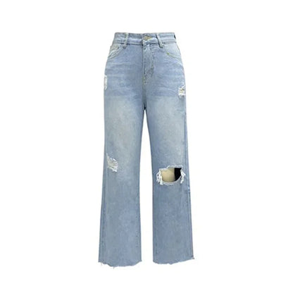 Women Knee Broken Holes Trend Straight Jeans Fashion Comfortable Casual High Waist Denim Pants Female Loose Wide Leg Trousers 24