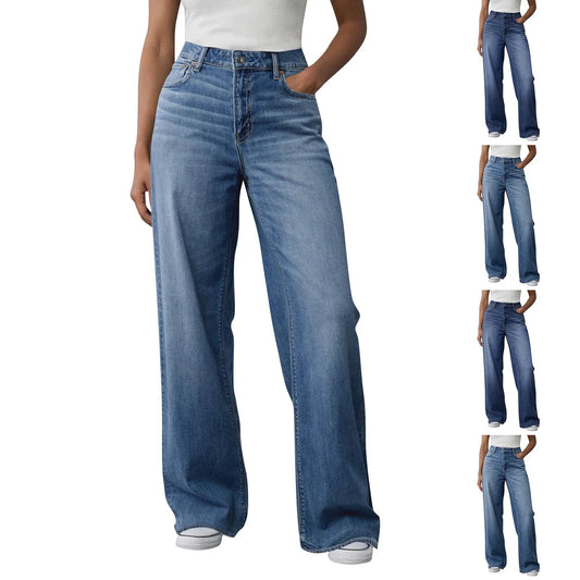 Hot Sale Women's High Waisted Jeans Stretchy Flared Straight Leg Denim Pants Solid Color Loose Trendy Comfortable Denim Pants