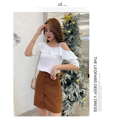 Women's Shirt Tops Fashion One-Shoulder Ruffles Short-sleeved Tops Chiffon Tops S-XXL