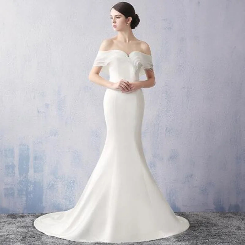 Off The Shoulder Wedding Dresses Robe De Mariée Stain Bride Gowns Court Train Backless Vestidos De Novia Women's