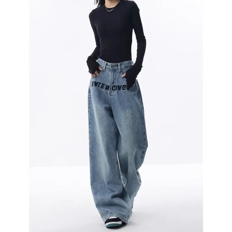 2024 New Blue Jeans Women Embroidered Design Sense Loose Wide Leg Pants Casual Street Style Pants