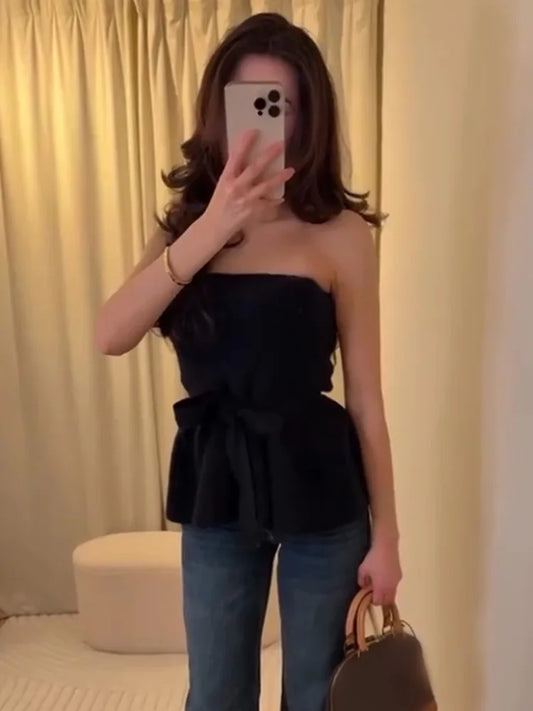 HH Women New Fashion Short Skirt Style Hem Knitted Bow Top Female Summer Sexy Sleeveless Backless Casual Solid Slim Tops Mujer