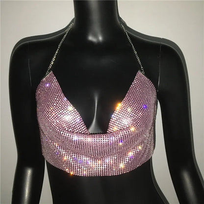Shiny Rhinestone Tank Tops For Women Sexy Deep V Neck Backless Crop Tops For Women Rave Party Nightclub Camisole Y2K New