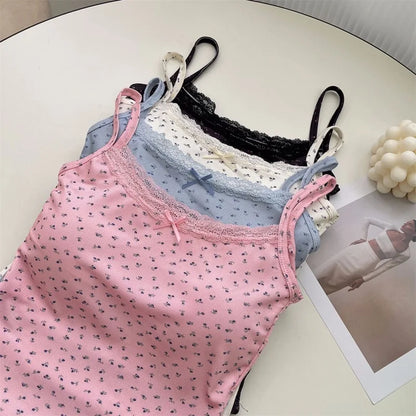 Women Floral Bow Knot Tops Summer Casual Sleeveless Ice Silk Bra Tops With Pad Sweet Lace Vest With Chest Cushion T Shirts 2024