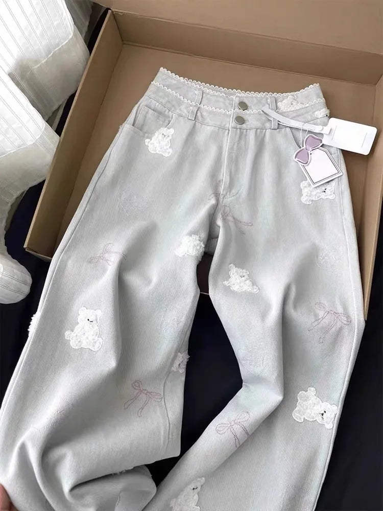 Vintage Women Jeans Streetwear Bear Embroidery Y2k Wide Leg Pants Pantalon Femme High Waist Straight Casual Chic Denim Trousers