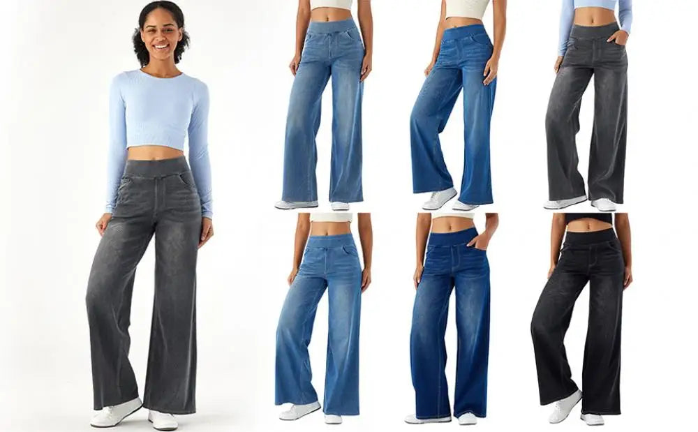 Women Jeans With Pockets Elastic High Waist Solid Color Full Length Pants Straight Wide Leg Trousers Sweatpant Daily Commuting