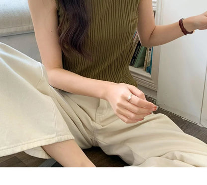 2026 Women Knitted Green Tank Tops Women Thin Tops Basic Casual Tank Tops O-neck Tees Sleeveless Tops For Women