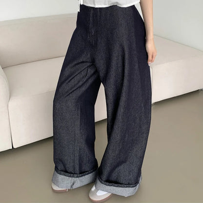 Waist Buckle Jeans Women Stylish High Waist Wide Leg BF Jeans Black Pants Loose Casual Denim Pants